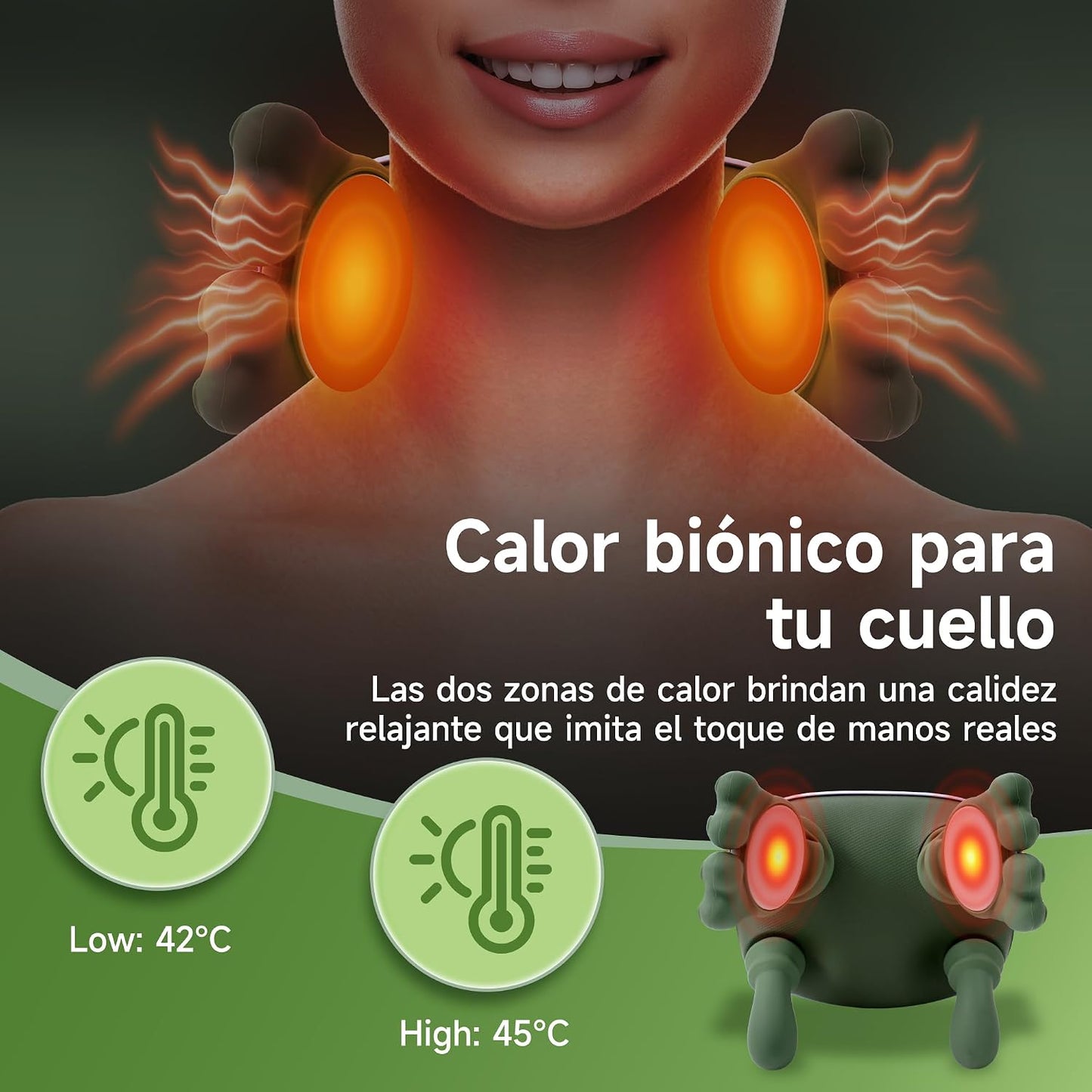 Cervical and Back Massager 4D Hand Bionic, Electric Neck Massager with 3 Intensity Levels and 2 Heat Levels, Deep Massage for Relaxing Muscles, Relieves Pain and Fatigue (Green)